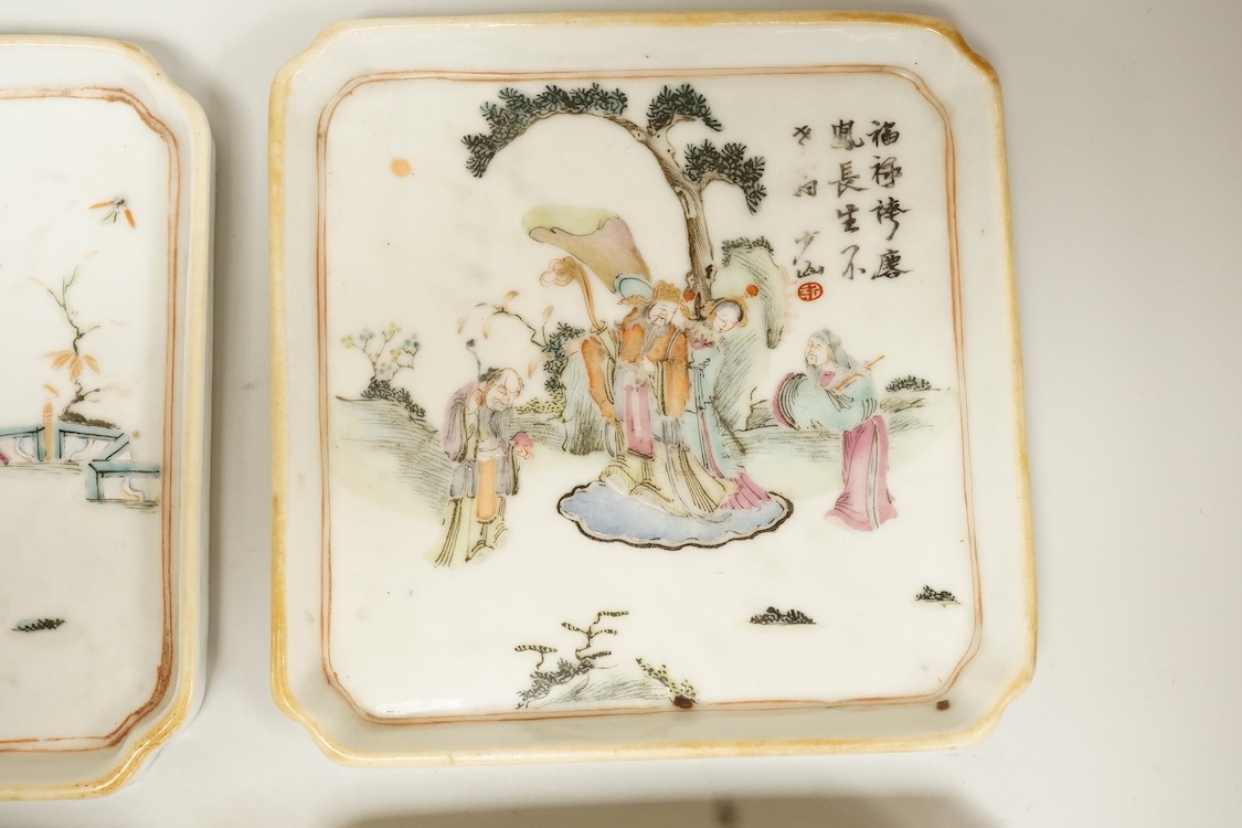 A set of four Chinese famille rose square dishes, late 19th century, and a carved wood pouring vessel, dishes 13.5cm square